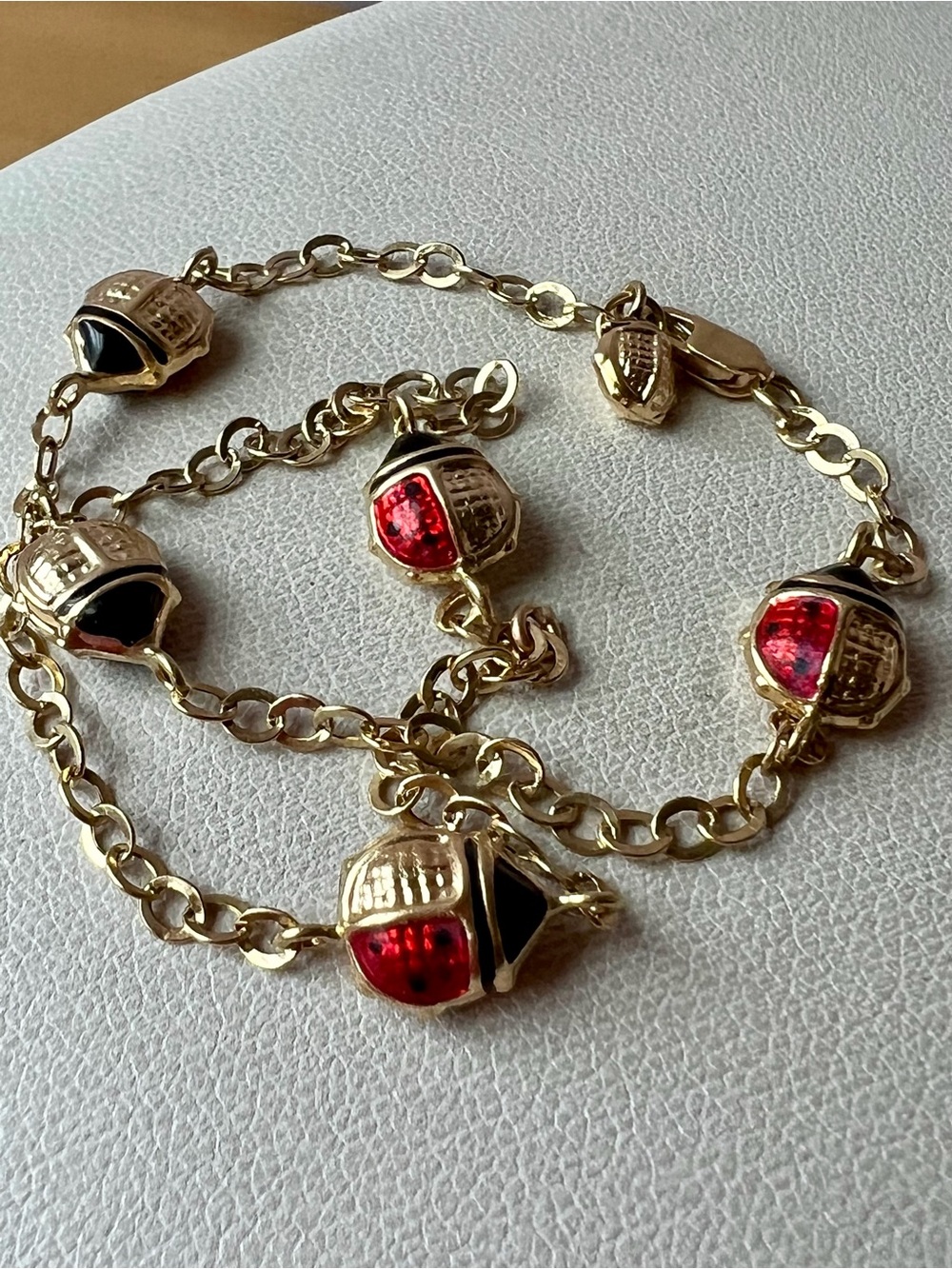VINTAGE 14K YELLOW GOLD RED ENAMEL LADY BUG ANKLET ANKLE BRACELET SOLID MADE